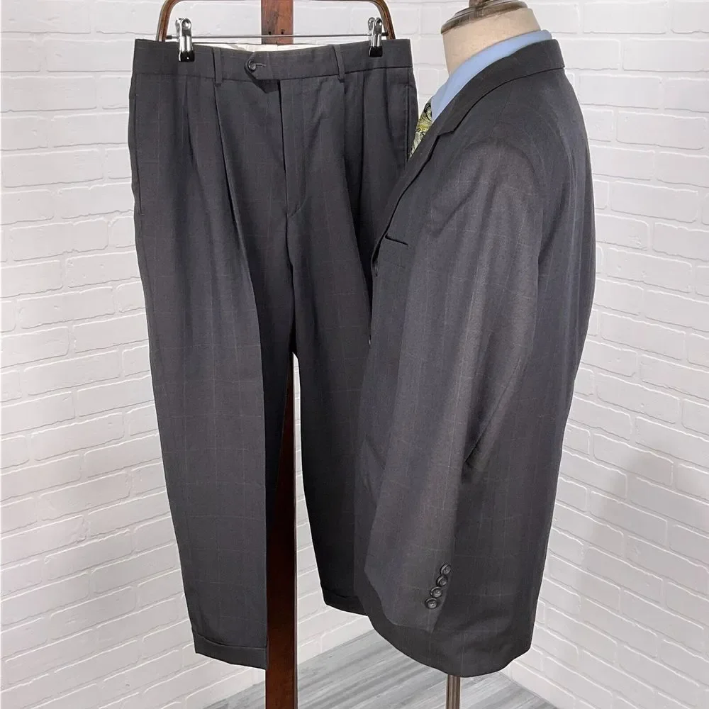 Lord West Suit Men 40S 34Wx25L Gray White Check Classic Career Cuffs‎ Wool 2pc